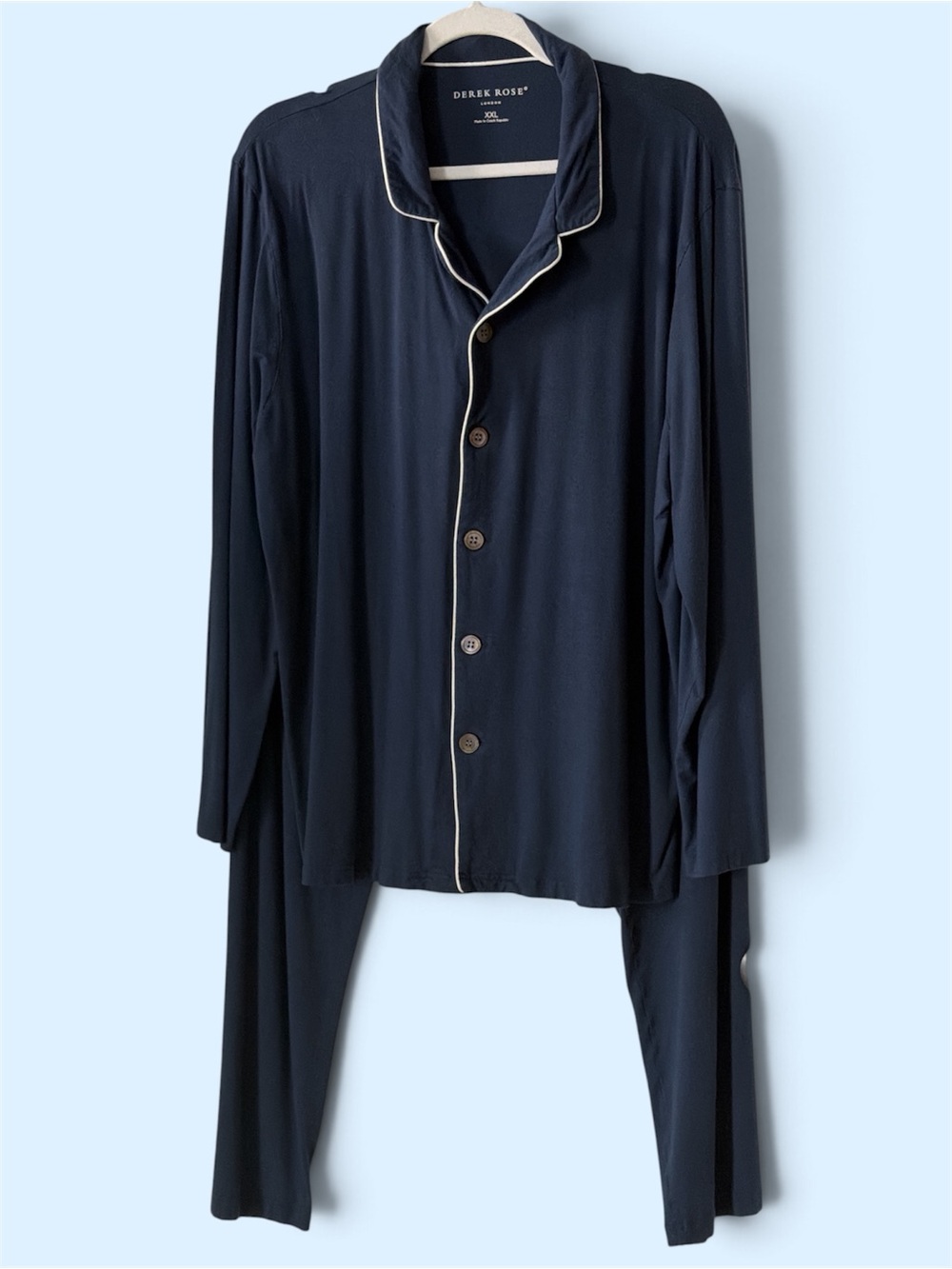 Derek Rose Navy Long Sleeve Pajama Set with Contrast Piping
